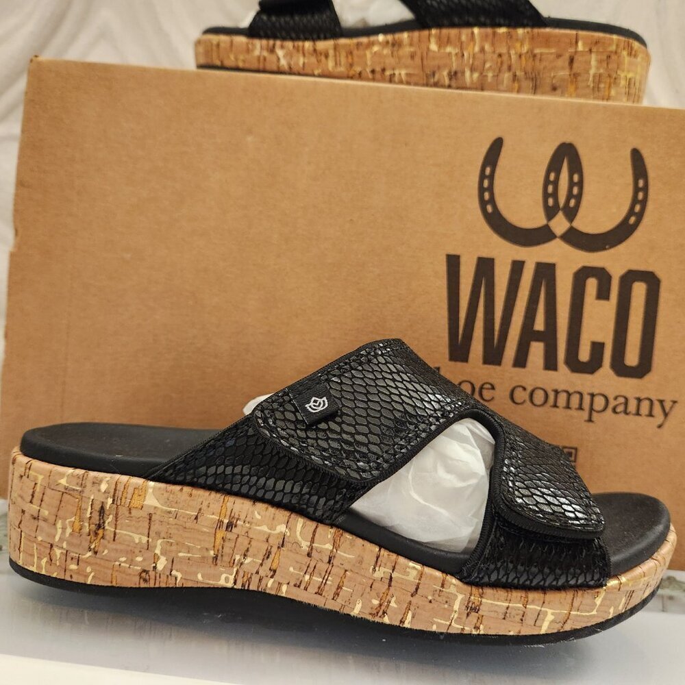 Waco/Spenco Black Leather "Camille" Wedge Sandals. NIB. Size 5.5